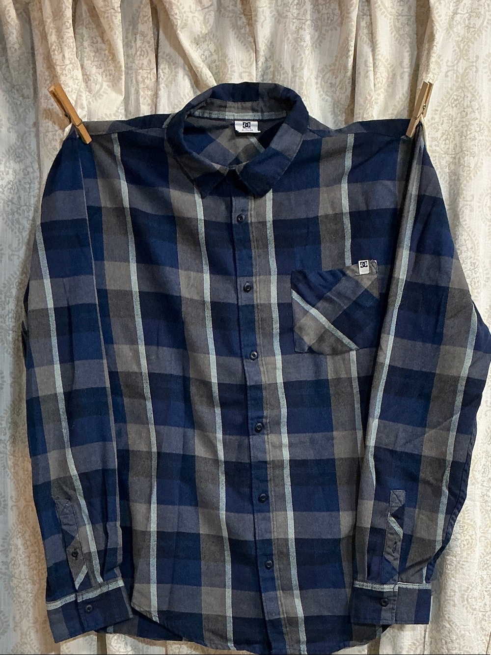 DC Men's Blue and Gray Plaid Button-Down Shirt